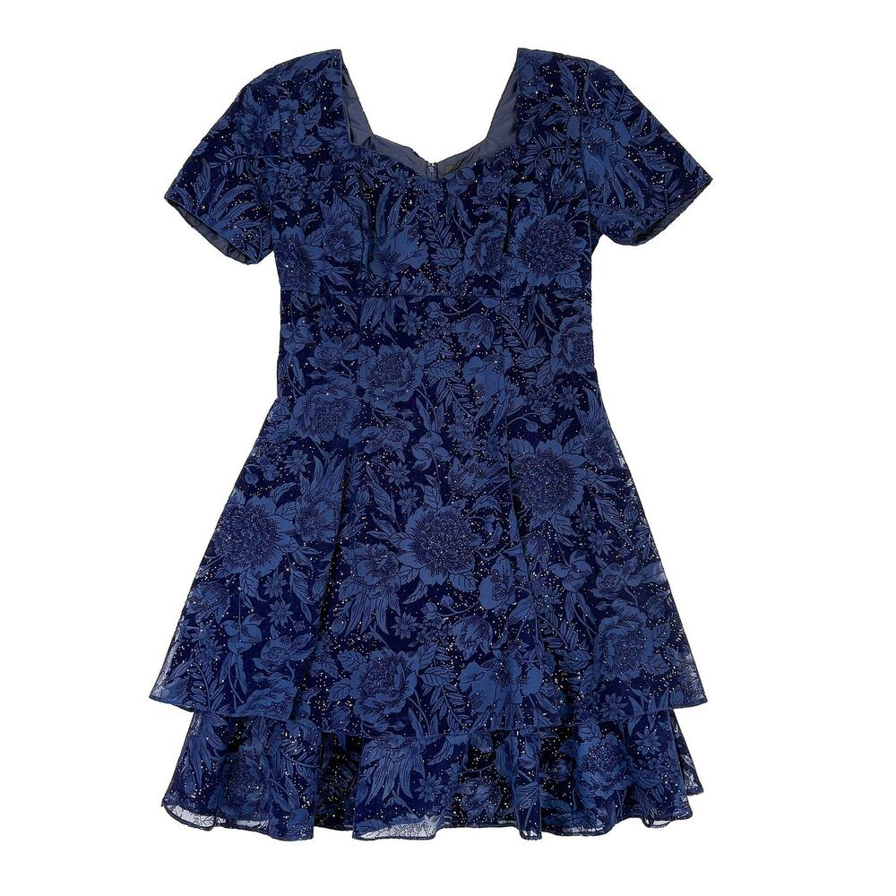 Y2K Nite Kraze Velvet Burnout Floral Mini Dress Sz 7/8 Navy Fairy Celestial